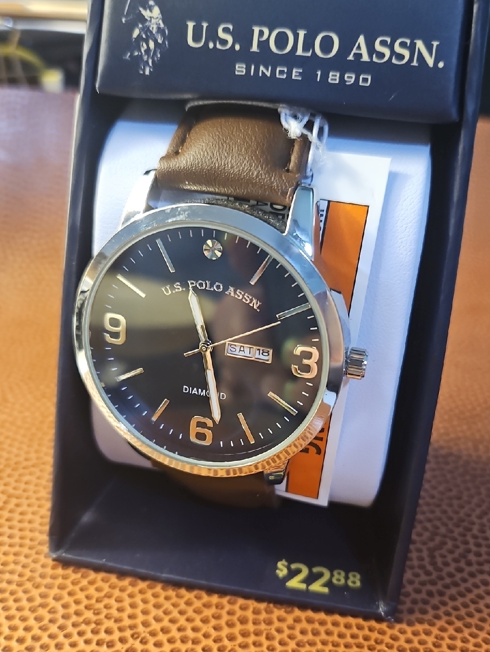 U.S. Polo Assn. Men's Brown Leather Strap Watch with Black Dial